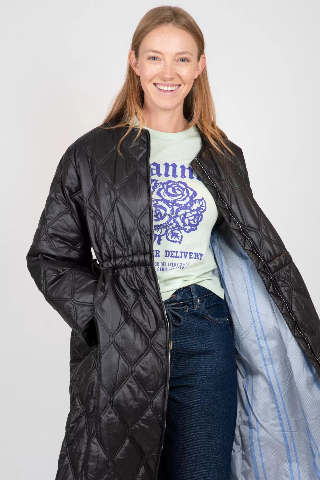 New Black Shiny Quilt Long Coat Jackets & Coats